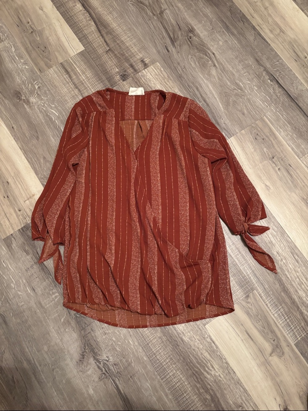 Striped Rust V-Neck Tie-Sleeve Blouse for Women